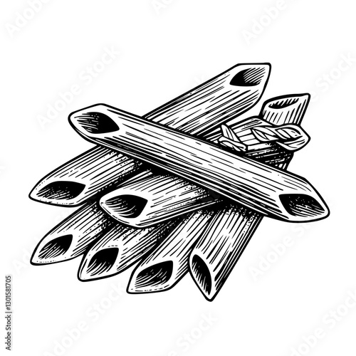 Engraved illustration of pasta displayed in a decorative arrangement on a plain background
