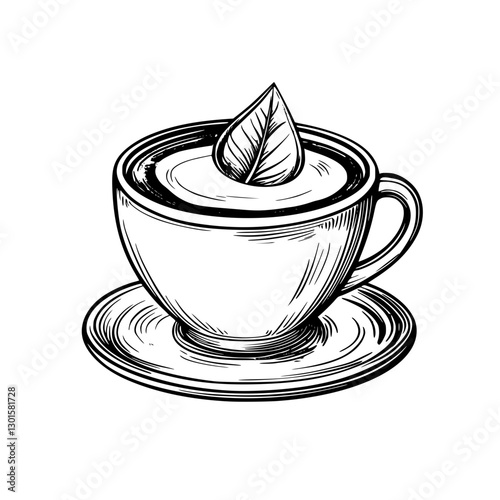 Detailed engraved vector illustration of a cozy cup of coffee topped with a leaf resting on a saucer