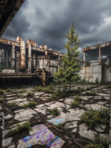 An abandoned industrial site with rusting structures and overgrown vegetation under a gloomy sky