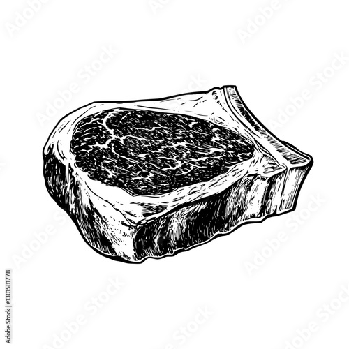 Engraved illustration of a thick cut of beef steak showcasing texture and detail for culinary enthusiasts and chefs
