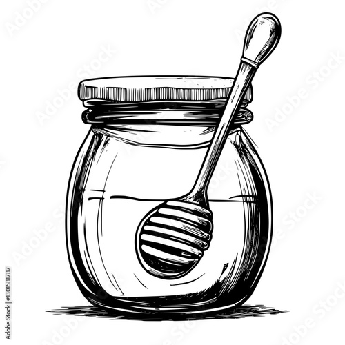 Engraved illustration of a honey jar with a dipper showcasing a timeless kitchen staple
