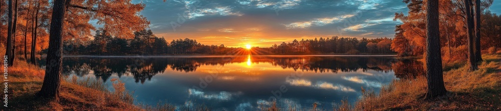 Fototapeta premium Stunning Autumn Sunset Over Tranquil Lake with Trees Reflecting on Water. Generative AI