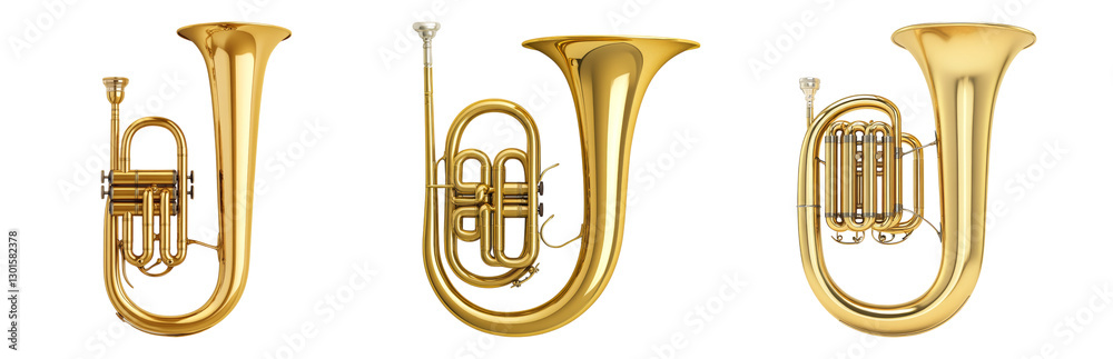 Fototapeta premium Detailed Study of Various Tubas in Brass Finish Isolated on transparent background