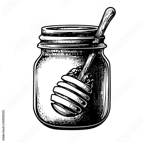 Engraved vector illustration of a jar of honey with a stirring stick