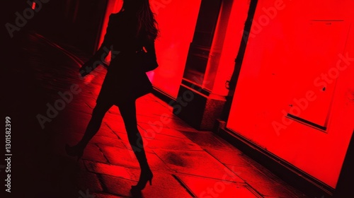 Red City Night Walk - Silhouette of a woman walking at night, illuminated by red light. Mysterious and stylish photo