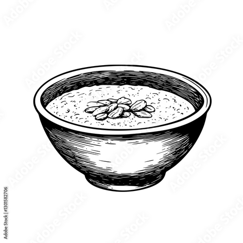 Illustration of a bowl filled with porridge topped with nuts on a white background