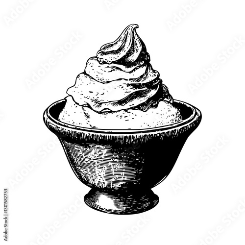 Engraved illustration of soft serve ice cream in a decorative bowl