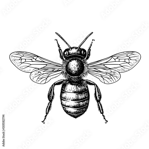 Detailed engraved illustration of a bee showcasing intricate wing and body patterns in black and white