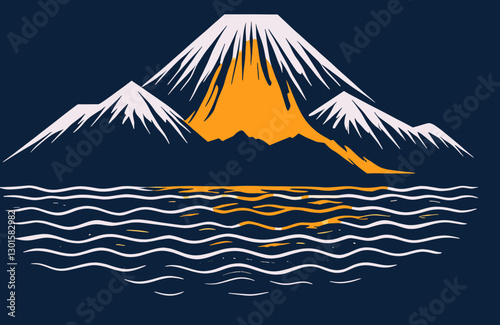 Stunning Digital Art of Snow-Capped Mountains with Vibrant Orange Peak Reflected on Wavy Water Surface - Perfect for Nature and Landscape Enthusiasts