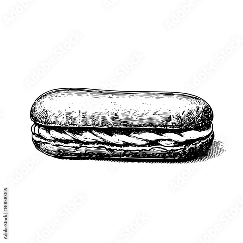 Detailed engraved illustration of a classic eclair with cream filling on a white background