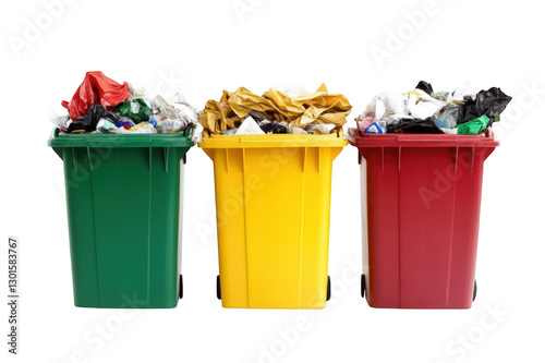 Overflowing garbage bins in gray and yellow colors filled with mixed waste and trash isolated on white or transparent, PNG