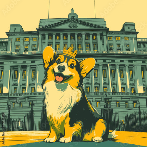 Cheerful Corgi Wearing Crown in Front of Iconic Historic Palace Illustration - Royal Canine Happiness at Architectural Landmark - Playful Art Scene