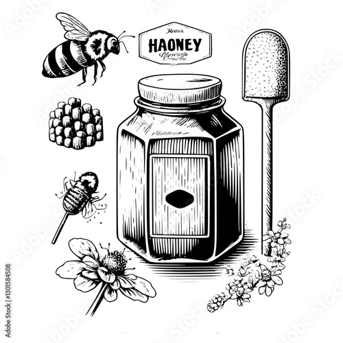 Engraved illustration of honey jar and bees with floral elements showcasing the natural process of honey production