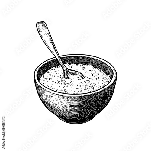 Engraved illustration of a wooden bowl filled with oatmeal and a spoon resting inside, showcasing a rustic breakfast setting