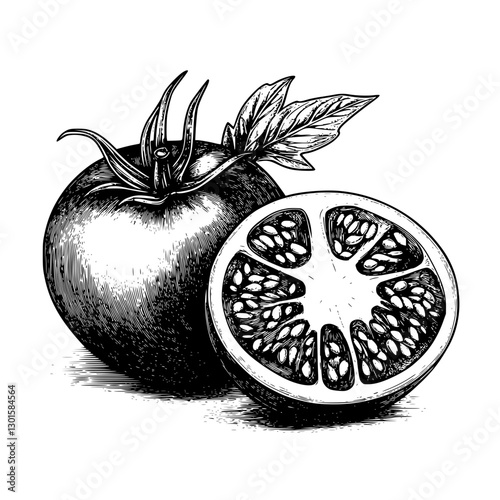 Engraved illustration of a whole tomato and its cross-section revealing seeds and texture