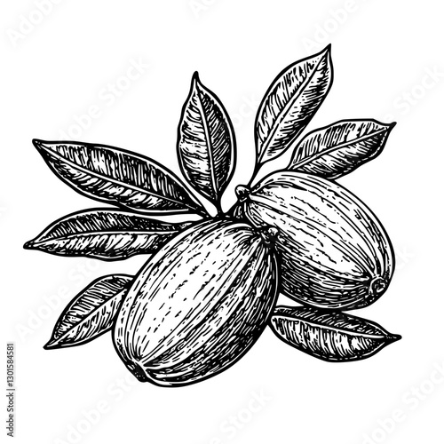 Engraved illustration showcasing two nuts alongside their green leaves in a detailed vector design