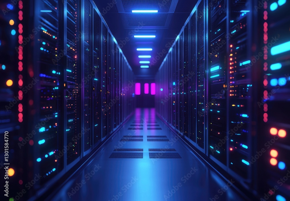 Futuristic data center with glowing blue and pink server racks, advanced networking, and high-tech infrastructure. Ideal for cloud computing, cybersecurity, and IT industry concepts Futuristic data center with glowing blue and pink server racks, advanced networking, and high-tech infrastructure. Ideal for cloud computing, cybersecurity, and IT industry concepts