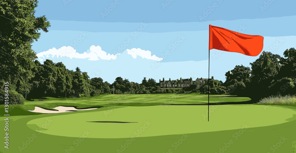 Obraz premium Stunning Golf Course Green with Red Flag, Sand Bunker, and Serene Landscape under a Clear Blue Sky Ideal for Outdoor Sports Enthusiasts and Nature Lovers
