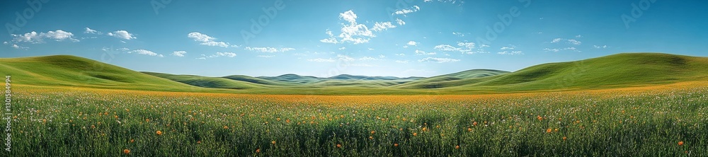Green rolling hills covered with yellow and orange flowers beneath a bright blue sky. Generative AI Green rolling hills covered with yellow and orange flowers beneath a bright blue sky. Generative AI