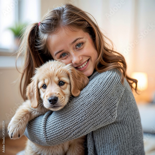 Happy girl hugging a golden retriever puppy in a cozy indoor setting