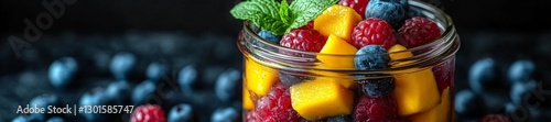 Close-Up of a Summer Fruit Salad with Mango and Berries in a Mason Jar. Generative AI photo