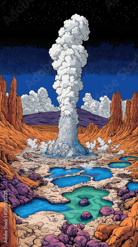 Stunning geyser eruption in vivid alien landscape with blue pools, rocky terrain, towering formations, dramatic sky, and extraterrestrial scenery