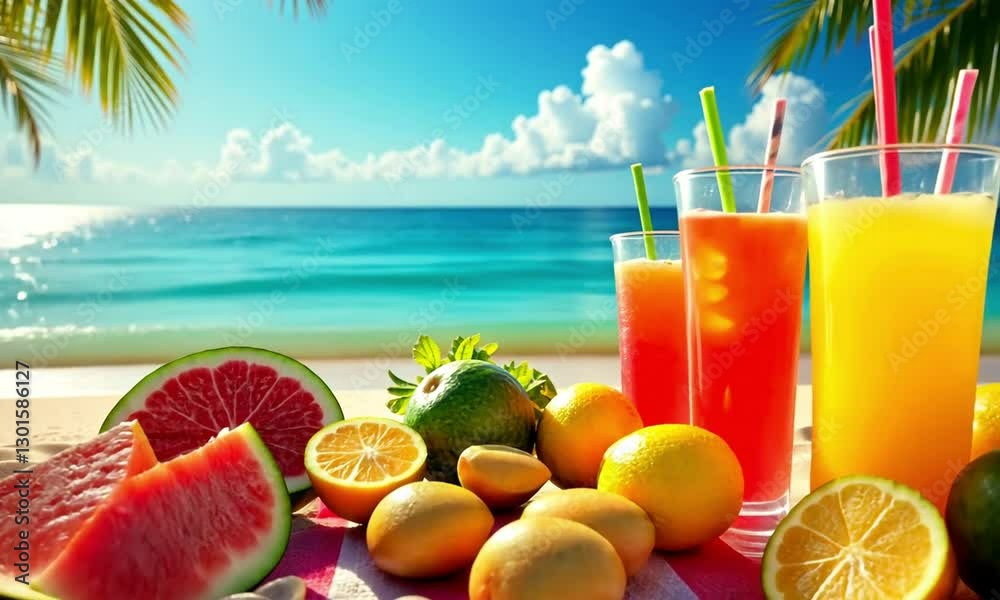 Tropical Beach Picnic:  Fresh Fruit and Juices by the Ocean
