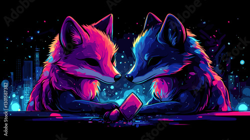Futuristic Neon Foxes Playing Cards in Cyberpunk Cityscape with Vibrant Colors, Digital Art of Stylized Animals at Night, Glowing Urban Fantasy Scene