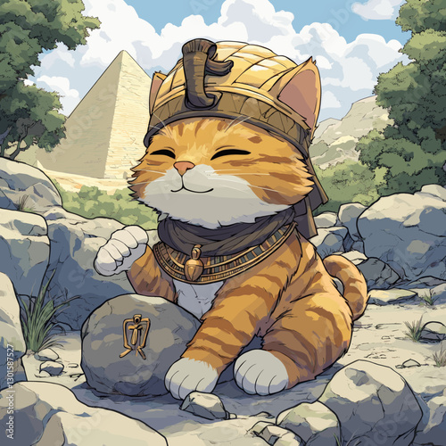 Adorable Egyptian Pharaoh Cat in Ancient Desert Setting with Golden Headdress, Pyramid View, and Hieroglyphs - Perfect Blend of History and Cuteness