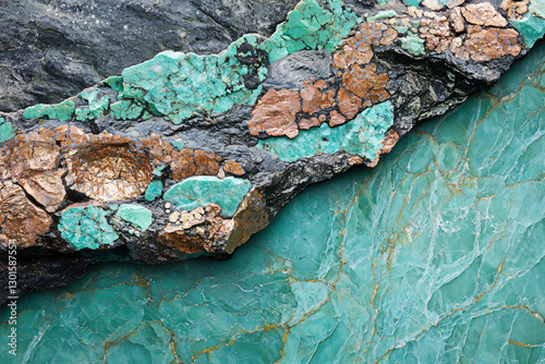 raw copper ore with turquoise chrysocolla veins showcasing natural oxidation patterns and geological layering on textured rock surface