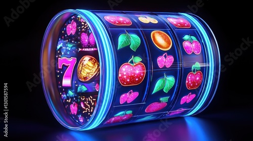 Neon casino slot machine spinning on black background with fruit symbols