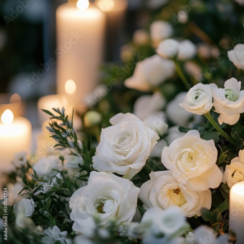 Elegant white roses and candles, wedding centerpiece, soft lighting