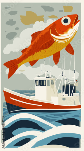 Vibrant Red Fish Leaping Over Fishing Boat in Stylized Sea with Waves and Clouds, Illustrative Marine Artwork Depicting Fishing, Nature, and Marine Life
