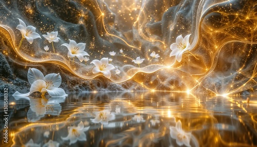 Dreamy scene with white flowers floating on reflective water and ethereal golden textures