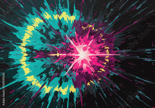 Vibrant Cosmic Explosion with Neon Colors in Abstract Space Art - Dynamic Multicolor Burst and Energetic Patterns on Dark Background for Futuristic Digital Designs
