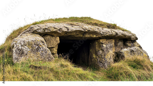 Ancient burial mound tomb entrance emerging from grassy hillside with transparent background