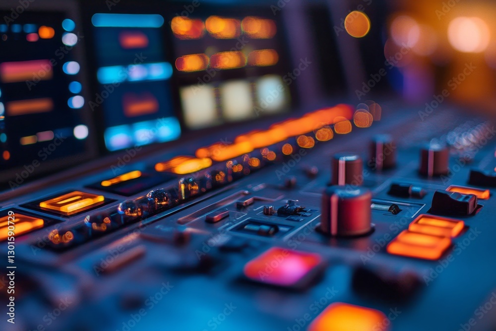 Naklejka premium Studio Control Panel Buttons and Switcher - Close-up view of a broadcast studio control panel, featuring illuminated buttons, knobs, and displays. The symbolizes technology, broadcasting