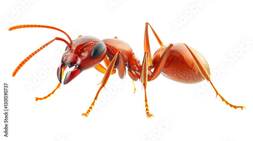 Red ant walking on transparent background showing its powerful mandibles