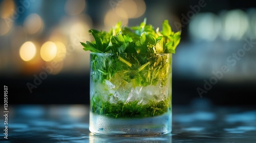Fresh herb cocktail in ice-filled glass at bar with blurred lights photo