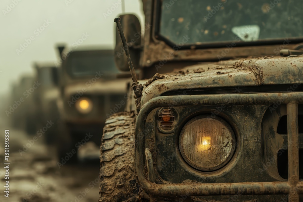 Muddy off-road vehicles driving in convoy on dirt road Muddy off-road vehicles driving in convoy on dirt road