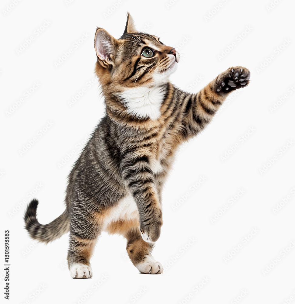 Fototapeta premium Title: Playful Tabby Kitten Reaching Up on White Background [ with spaces ]