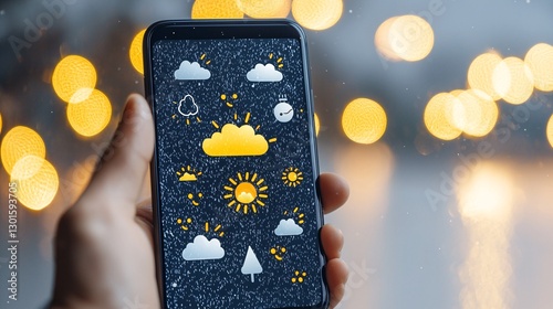 Detailed weather forecast on smartphone screen with icons for sun, rain, and wind