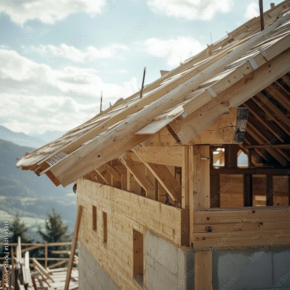 Wooden roof construction against mountain backdrop Wooden roof construction against mountain backdrop