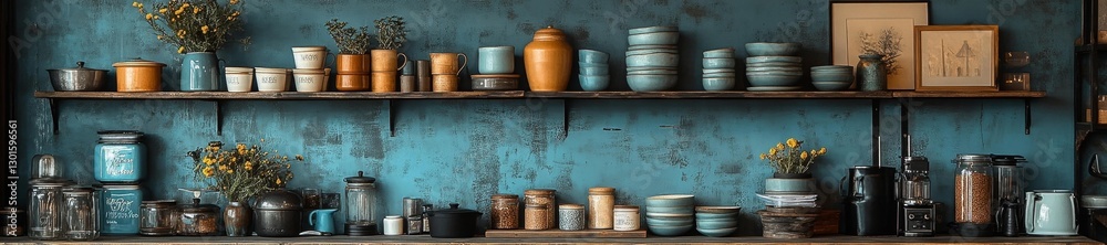 Colorful pottery and kitchenware arrangement on shelves in a modern rustic home decor. Generative AI Colorful pottery and kitchenware arrangement on shelves in a modern rustic home decor. Generative AI