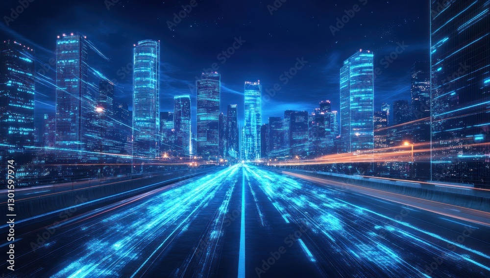 Obraz premium Futuristic city highway at night with digital data streams.