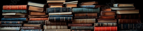 Stack of vintage books with different leather covers and textures in a cozy library setting. Generative AI photo
