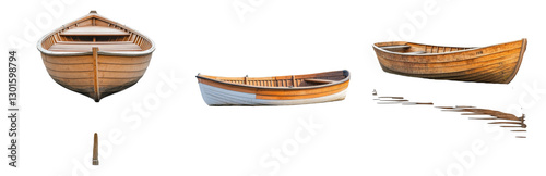 Vintage Wooden Row Boats Floating on Calm Water Isolated on transparent background