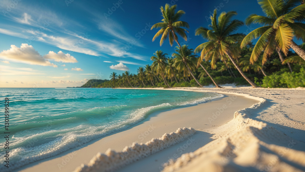 Fototapeta premium A highly detailed and majestic cinematic photograph of a serene tropical beach with crystal-clear turquoise water that gently laps at the shore
