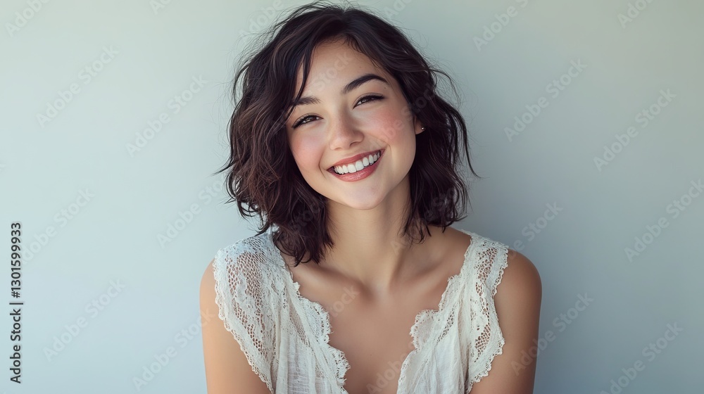 Beautiful Young Woman Smiling Happy Portrait Attractive Girl Natural Makeup Wavy Brown Hair Casual Summer Fashion White Lace Top Studio Shot Positive Beautiful Young Woman Smiling Happy Portrait Attractive Girl Natural Makeup Wavy Brown Hair Casual Summer Fashion White Lace Top Studio Shot Positive