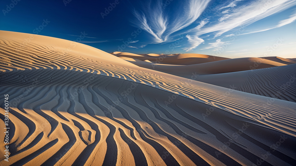Naklejka premium a highly detailed, large-format, cinematic photograph of intricate patterns in sand dunes, with dramatic shadows creating high contrast, set against a clear blue sky with a few wispy clouds